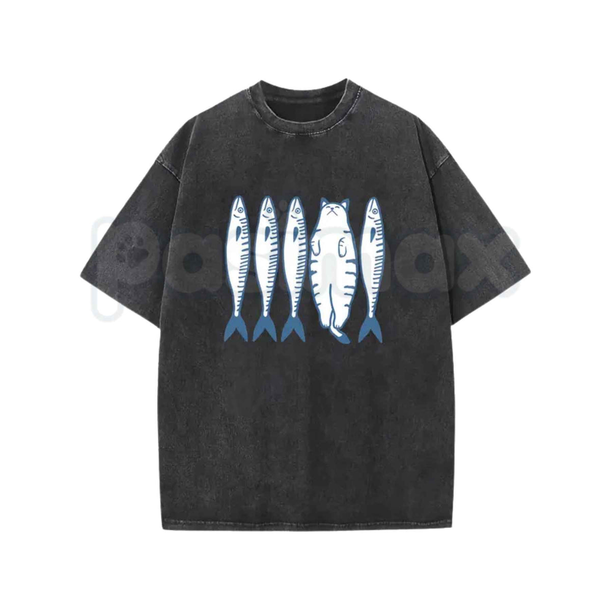 Cotton Acid Wash Short Sleeve Top Cat And Fish Cartoon Graphic T-Shirt – Retro Animal Illustration Tee, Vintage Washed Lightweight Cotton Unisex Streetwear Top-Pasimax