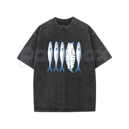 Cotton Acid Wash Short Sleeve Top Cat And Fish Cartoon Graphic T-Shirt – Retro Animal Illustration Tee, Vintage Washed Lightweight Cotton Unisex Streetwear Top-Pasimax