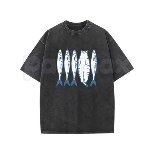 Cotton Acid Wash Short Sleeve Top Cat And Fish Cartoon Graphic T-Shirt – Retro Animal Illustration Tee, Vintage Washed Lightweight Cotton Unisex Streetwear Top-Pasimax