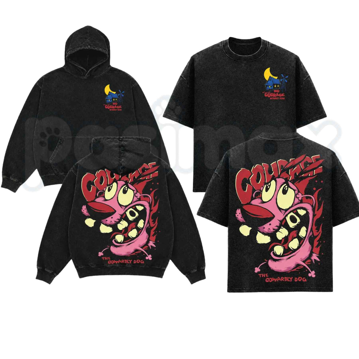 Courage the Cowardly Dog Vintage Washed Shirt & Oversized Hoodie – Retro Cartoon Horror Graphic Tee, Acid Wash Lightweight Cotton Unisex Streetwear Top-Pasimax