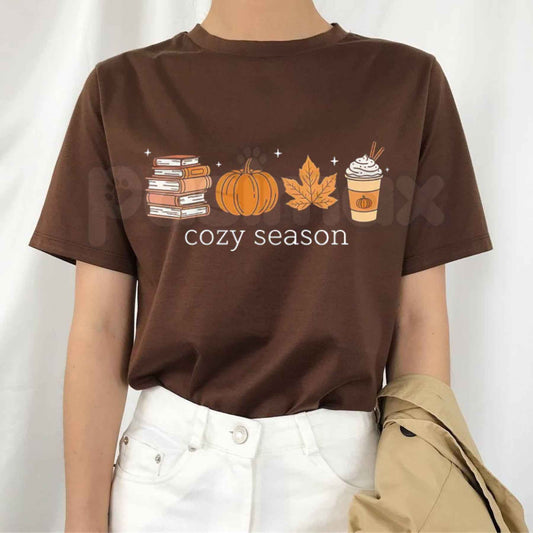 Cozy Season Pumpkin & Books T-Shirt – Autumn Book Lover Women's Cotton Fall Graphic Tee-Pasimax
