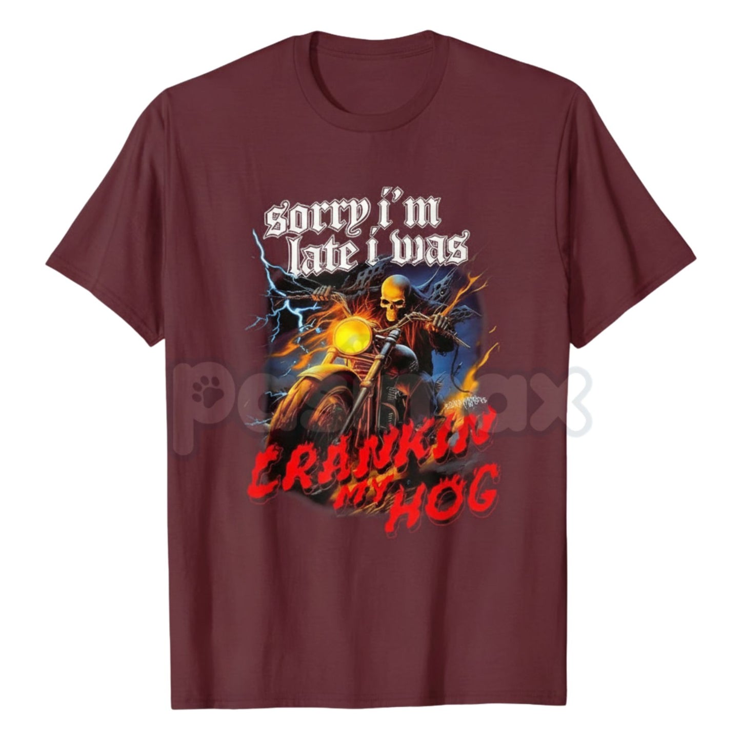 "Crankin My Hog" Horror Skeleton T-Shirt - Funny Biker Humor Graphic Tee, Skeleton Riding Motorcycle Men's Shirt, Sarcastic Irony Biker Culture Apparel-Pasimax