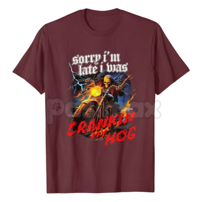 "Crankin My Hog" Horror Skeleton T-Shirt - Funny Biker Humor Graphic Tee, Skeleton Riding Motorcycle Men's Shirt, Sarcastic Irony Biker Culture Apparel-Pasimax
