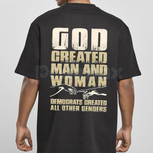 "Created by the Divine" Humorous T-Shirt – Divine Man and Woman Graphic Tee, Premium 100% Cotton Funny Heritage Top, Soft Lived-In Heavyweight Spiritual Humor Shirt, Made in USA-Pasimax