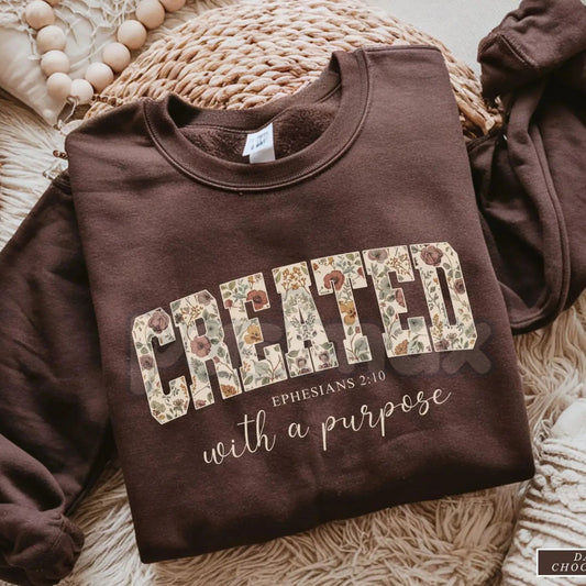 Created with a Purpose Floral Sweatshirt | Inspirational Affirmation Jumper | Motivational Flower Graphic Crewneck | Christian Faith Gift-Pasimax