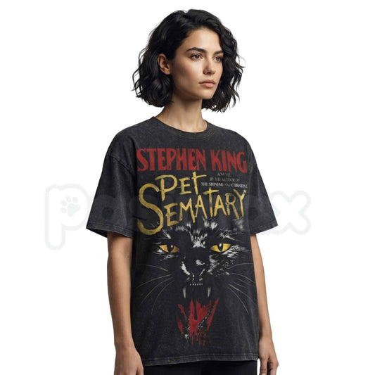 Creepy Black Cat Thriller Graphic Tee – Spooky Retro Horror Movie T-Shirt, Vintage Acid Washed Lightweight Cotton Unisex Streetwear Top-Pasimax