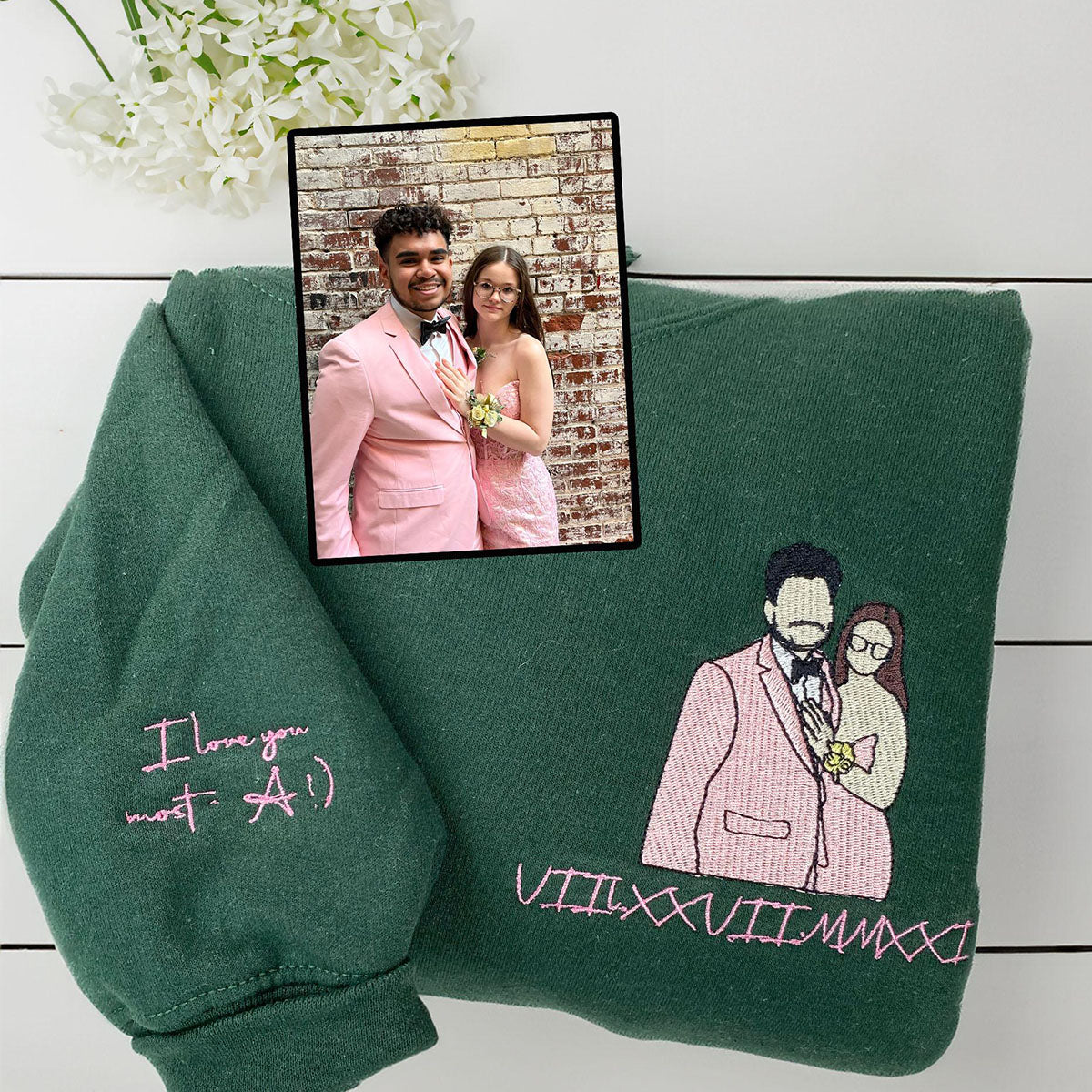 Custom Embroidered Anniversary Sweatshirts & Hoodies - Personalized Full-Color Couple Portrait