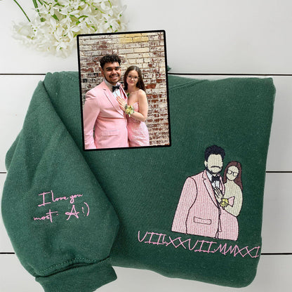 Custom Embroidered Anniversary Sweatshirts & Hoodies - Personalized Full-Color Couple Portrait