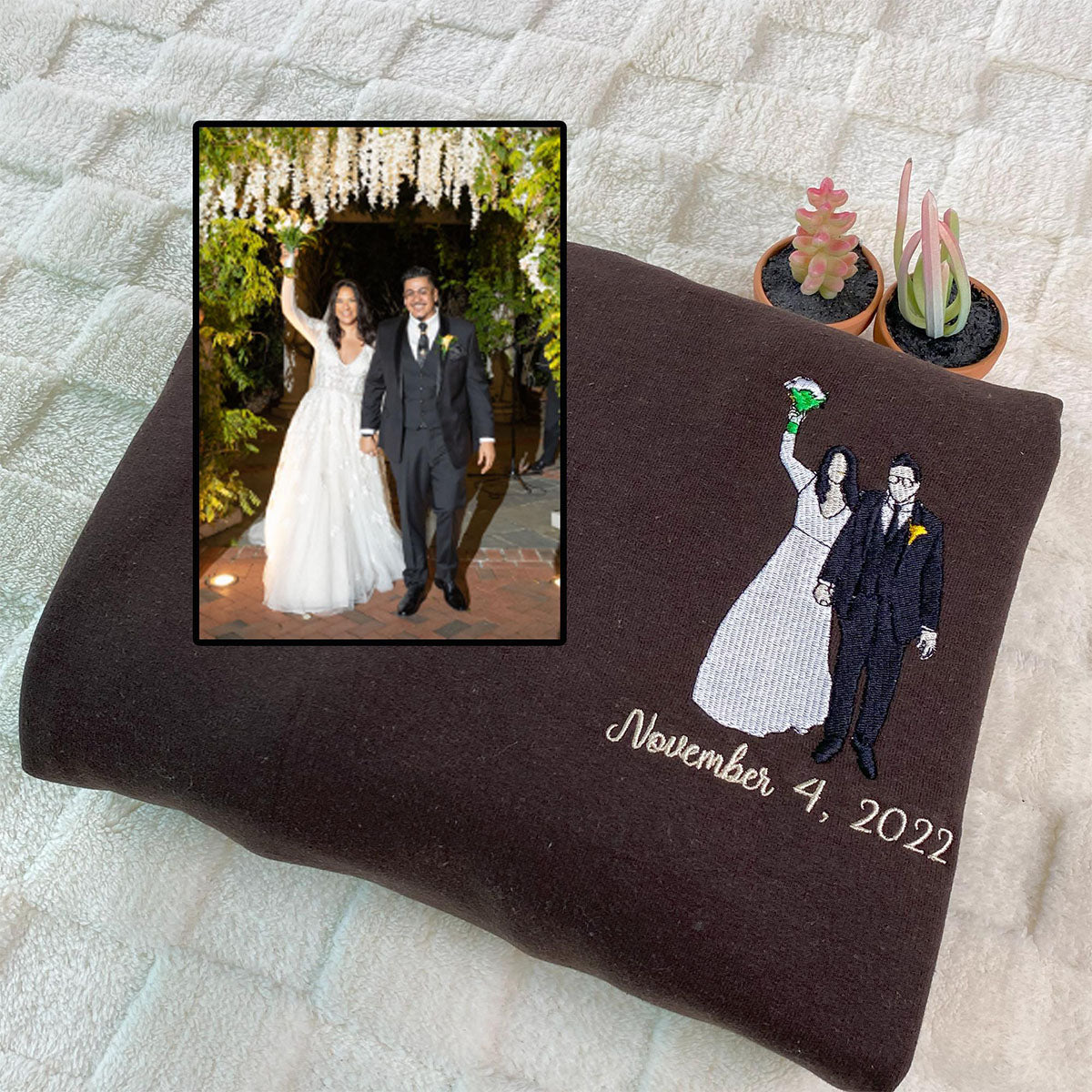Custom Embroidered Anniversary Sweatshirts & Hoodies - Personalized Full-Color Couple Portrait