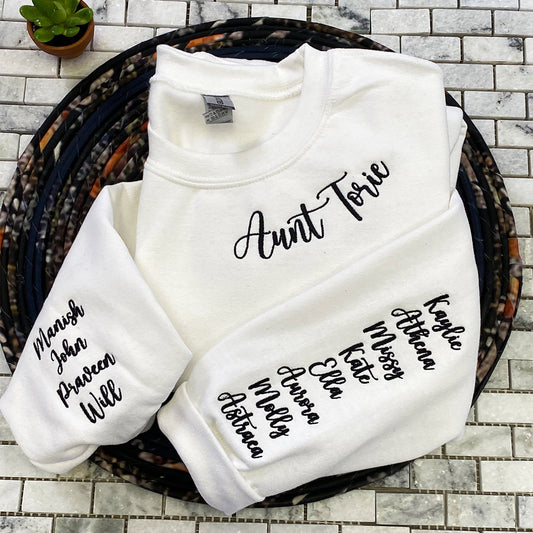 Custom Embroidered Aunt Sweatshirt Hoodie with Names on The Sleeve