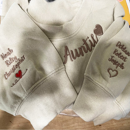 Custom Embroidered Aunt Sweatshirt Hoodie with Names on The Sleeve