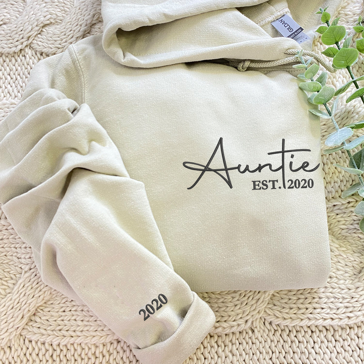 Custom Embroidered Auntie and EST Year with Names on Sleeve