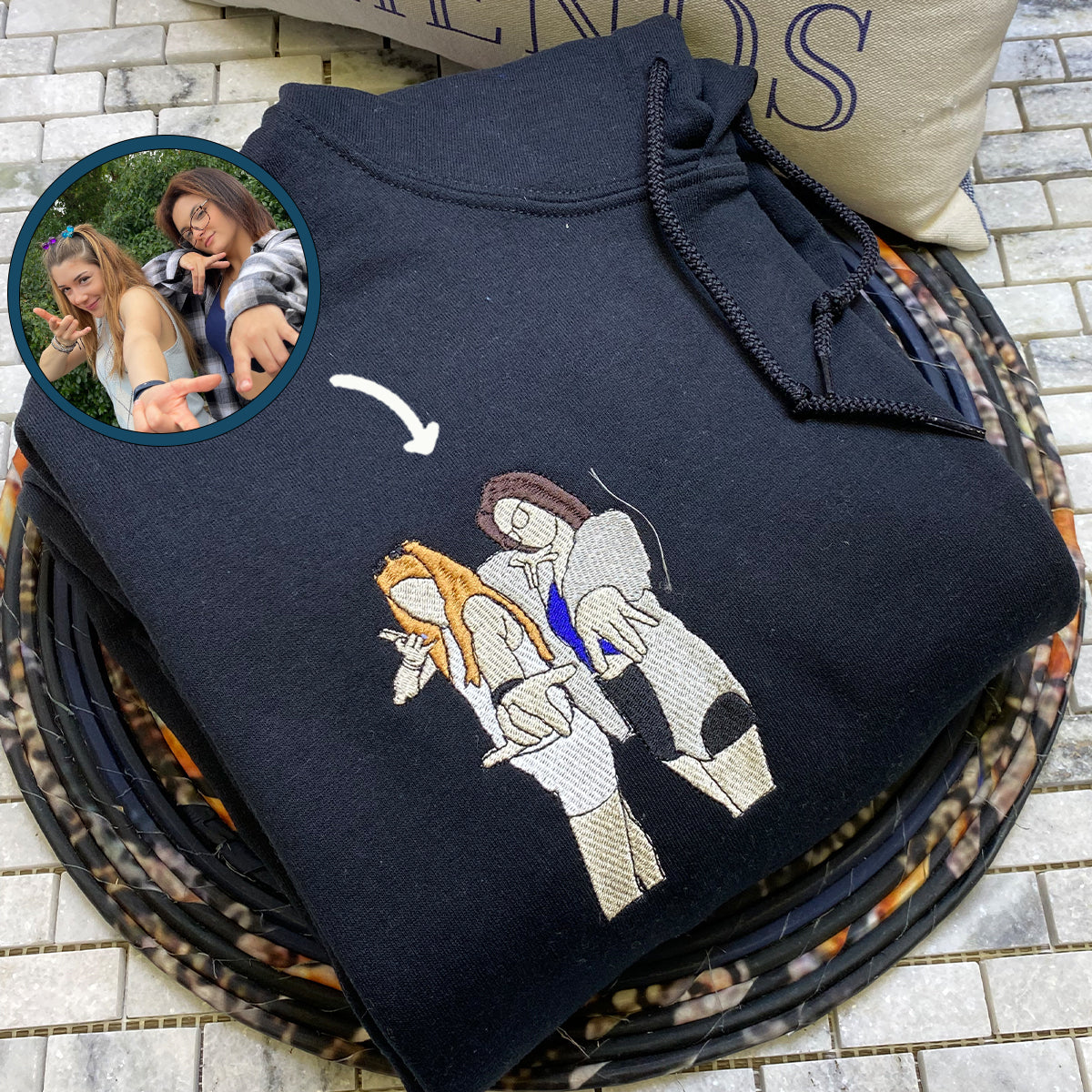 Custom Embroidered Bestie Sweatshirt Hoodie from Photo with Name on Sleeve, Coolest Best Friends Gift