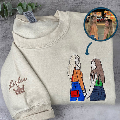 Custom Embroidered Bestie Sweatshirt Hoodie from Photo with Name on Sleeve, Coolest Best Friends Gift