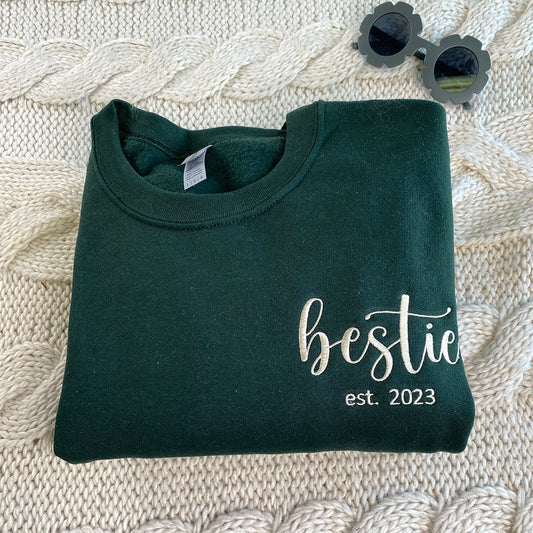 Custom Embroidered Bestie Sweatshirt Hoodie with Name on Sleeve, Birthday Gift for Best Friends