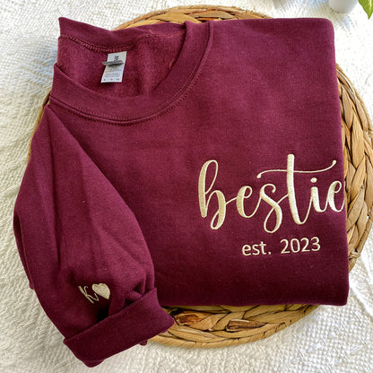 Custom Embroidered Bestie Sweatshirt Hoodie with Name on Sleeve, Birthday Gift for Best Friends