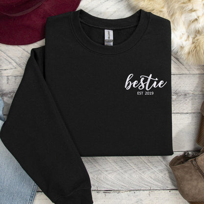 Custom Embroidered Bestie Sweatshirt Hoodie with Name on Sleeve, Birthday Gift for Best Friends