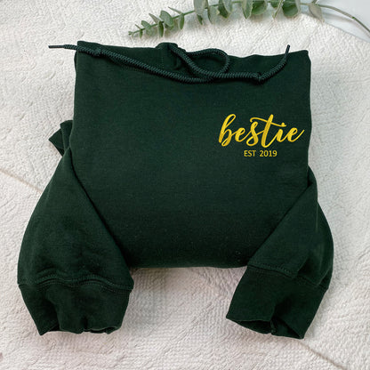 Custom Embroidered Bestie Sweatshirt Hoodie with Name on Sleeve, Birthday Gift for Best Friends