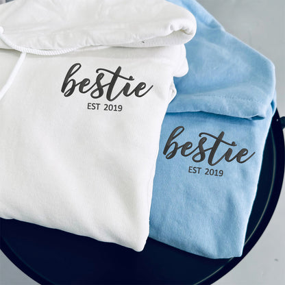 Custom Embroidered Bestie Sweatshirt Hoodie with Name on Sleeve, Birthday Gift for Best Friends