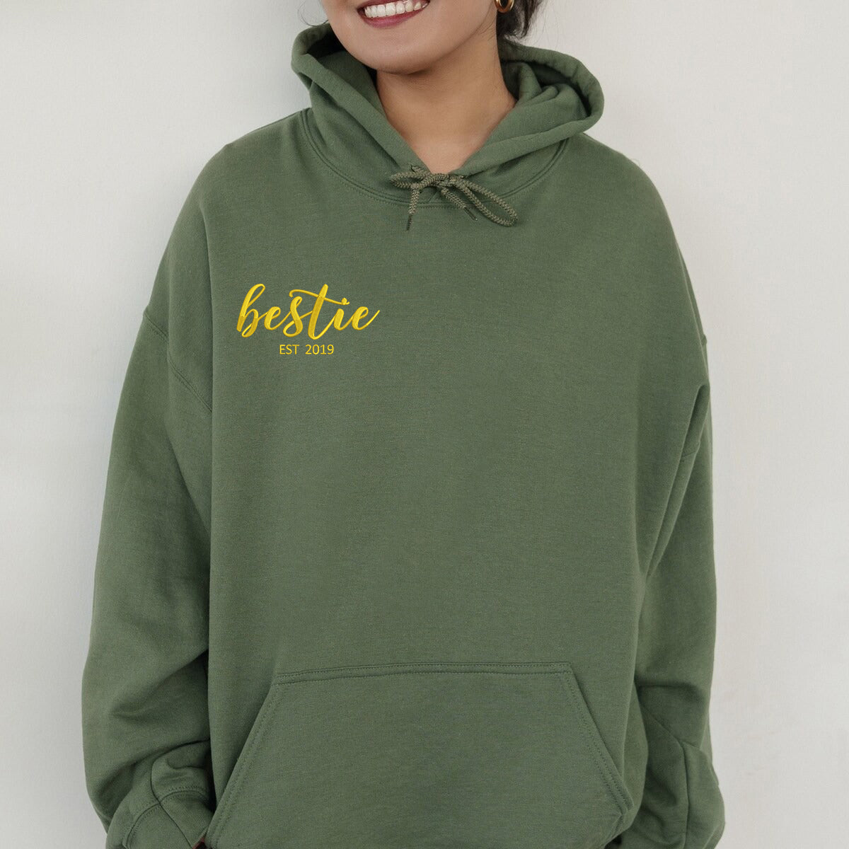 Custom Embroidered Bestie Sweatshirt Hoodie with Name on Sleeve, Birthday Gift for Best Friends