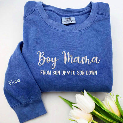 Custom Embroidered Boy Mama Sweatshirt with Names on The Sleeve