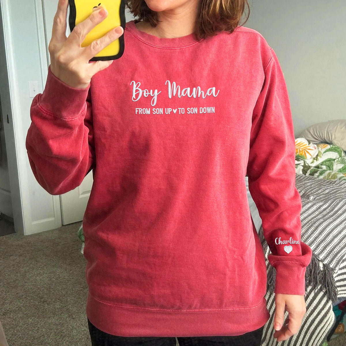 Custom Embroidered Boy Mama Sweatshirt with Names on The Sleeve