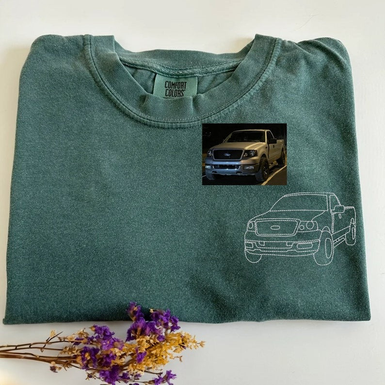 Custom Embroidered Car Portrait Comfort Colors® T-shirt From Photo, Personalized Car T-shirt, Car Lover Gift, Gift For Dad