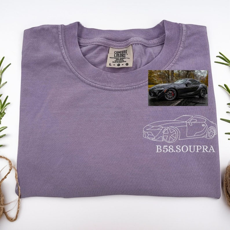 Custom Embroidered Car Portrait Comfort Colors® T-shirt From Photo, Personalized Car T-shirt, Car Lover Gift, Gift For Dad