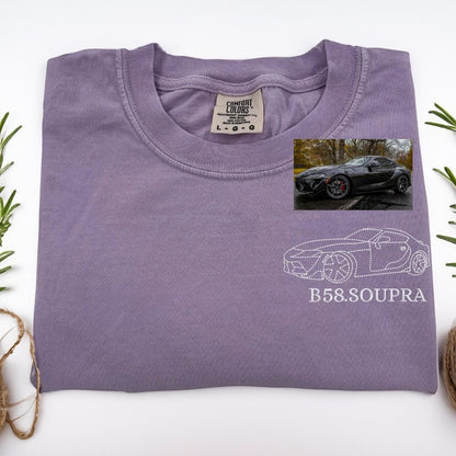 Custom Embroidered Car Portrait Comfort Colors® T-shirt From Photo, Personalized Car T-shirt, Car Lover Gift, Gift For Dad