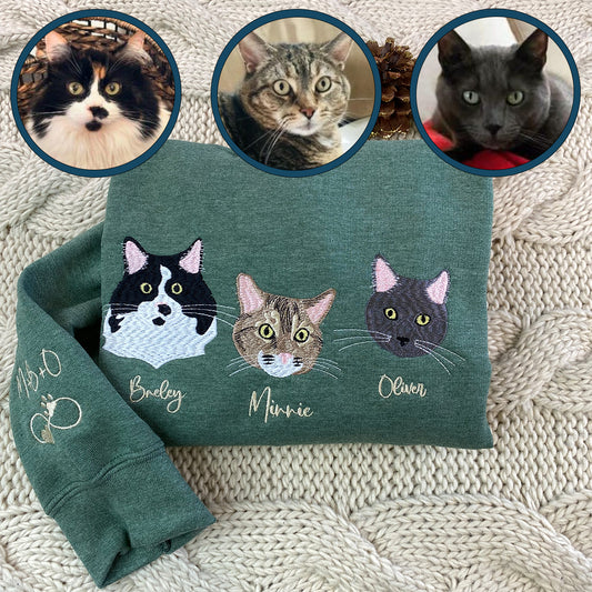 Custom Embroidered Cat Portrait Sweatshirt Hoodie Using Cat Photo, Best for Cat Lover