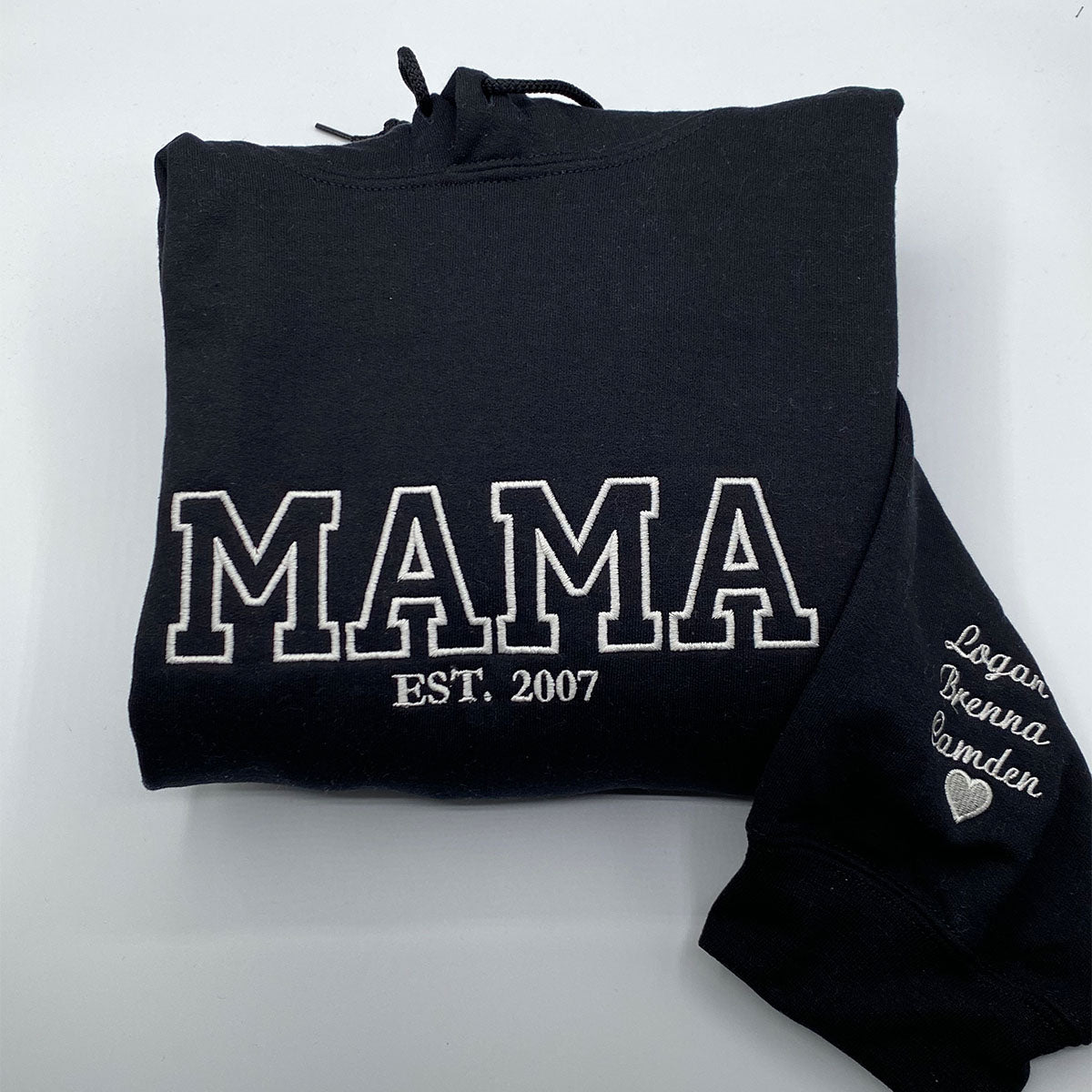 Custom Embroidered Dad EST Year Sweatshirt Hoodie with Kid Names on The Sleeve, Meaning Gift for Father's Day