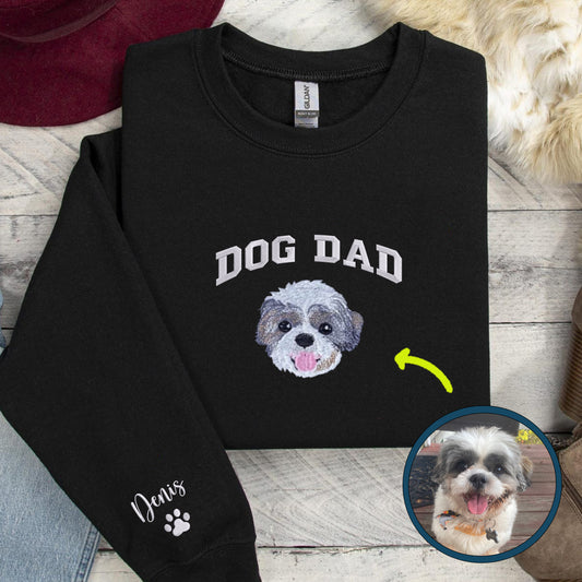 Custom Embroidered Dog Dad Varsity Sweatshirt, Hoodie from Photo with Pup Names on Sleeve