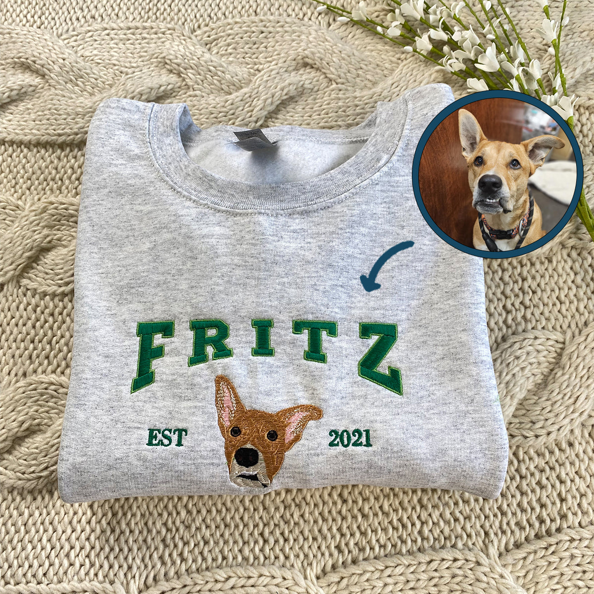 Custom Embroidered Dog Dad Varsity Sweatshirt, Hoodie from Photo with Pup Names on Sleeve