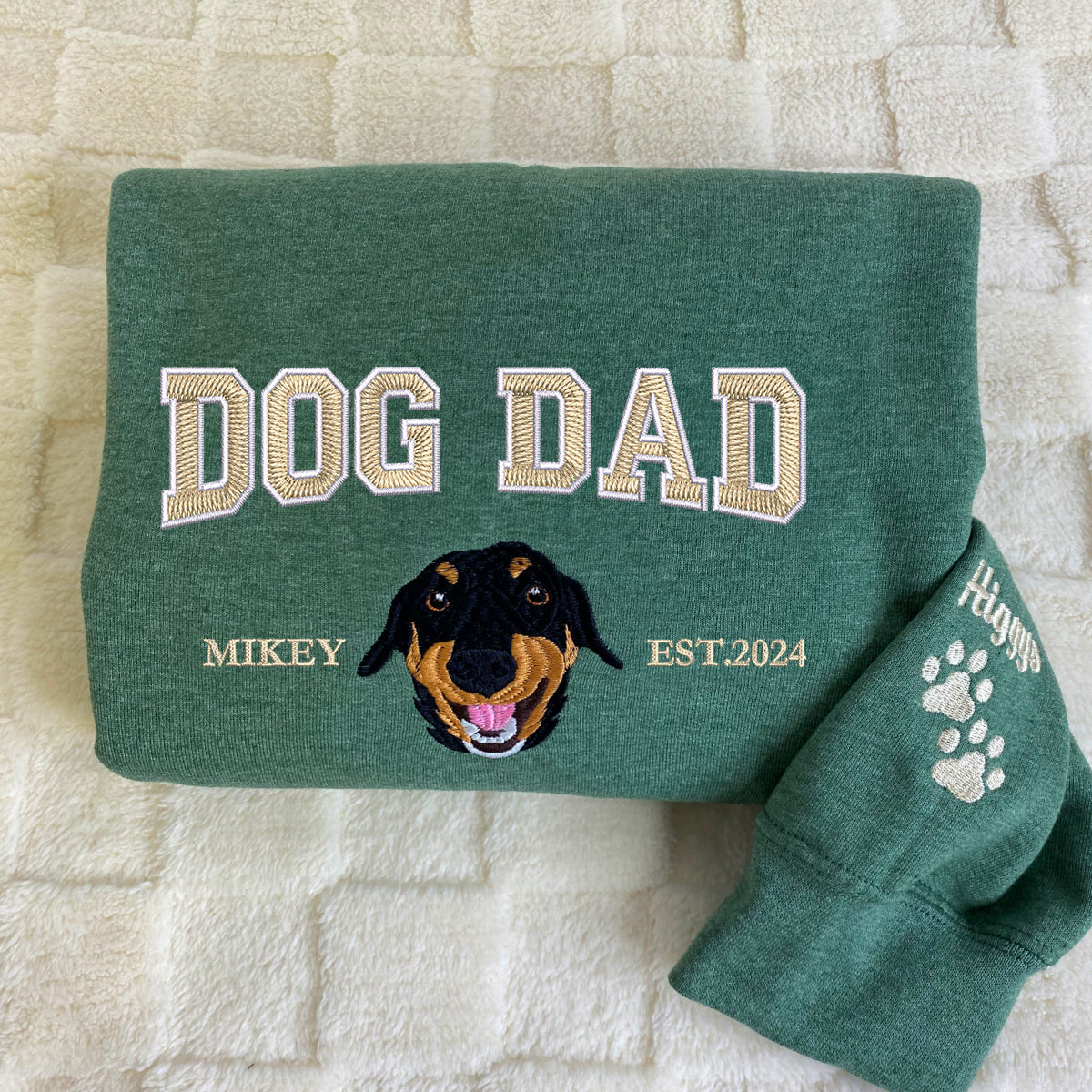 Custom Embroidered Dog Dad Varsity Sweatshirt, Hoodie from Photo with Pup Names on Sleeve