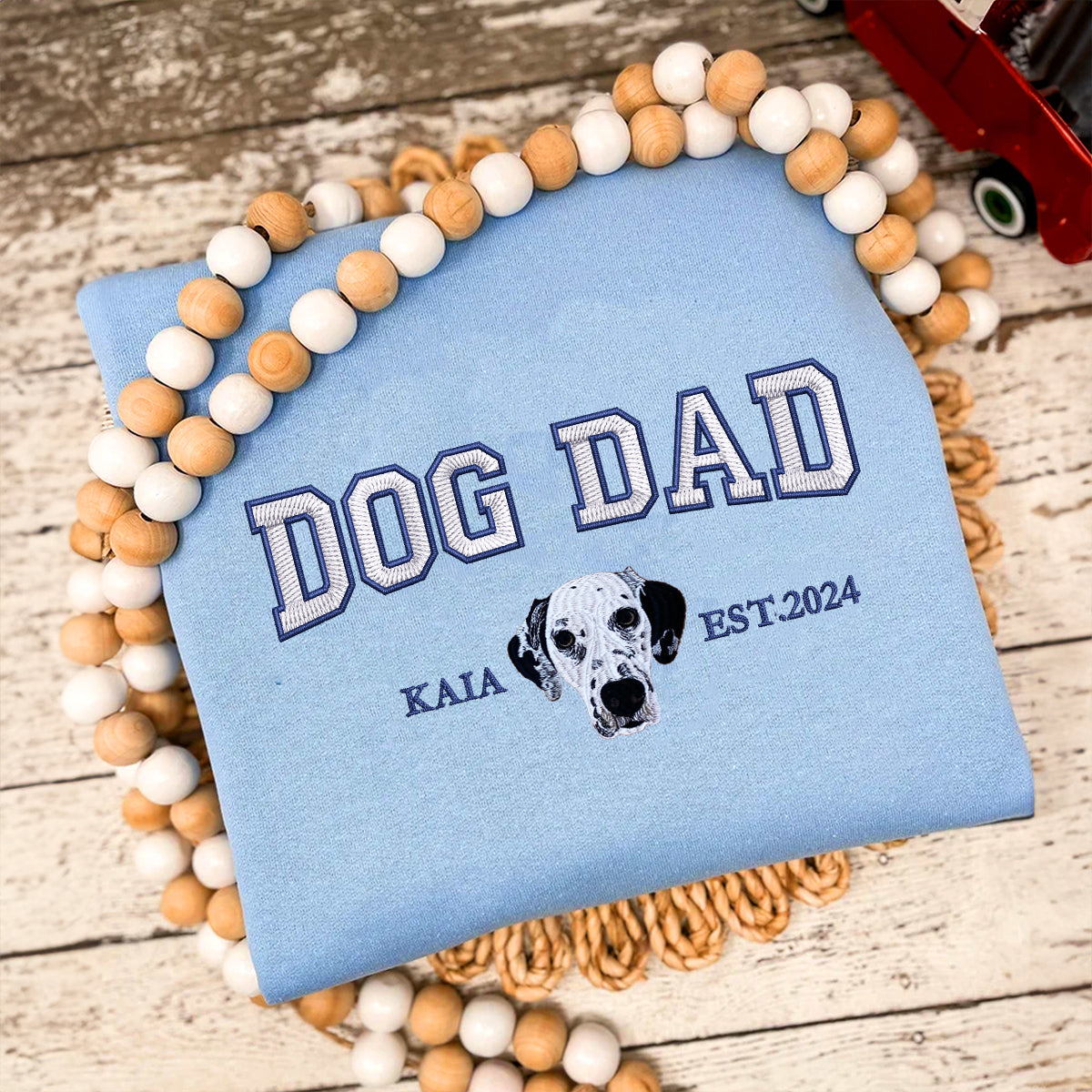 Custom Embroidered Dog Dad Varsity Sweatshirt, Hoodie from Photo with Pup Names on Sleeve