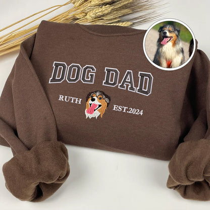 Custom Embroidered Dog Dad Varsity Sweatshirt, Hoodie from Photo with Pup Names on Sleeve