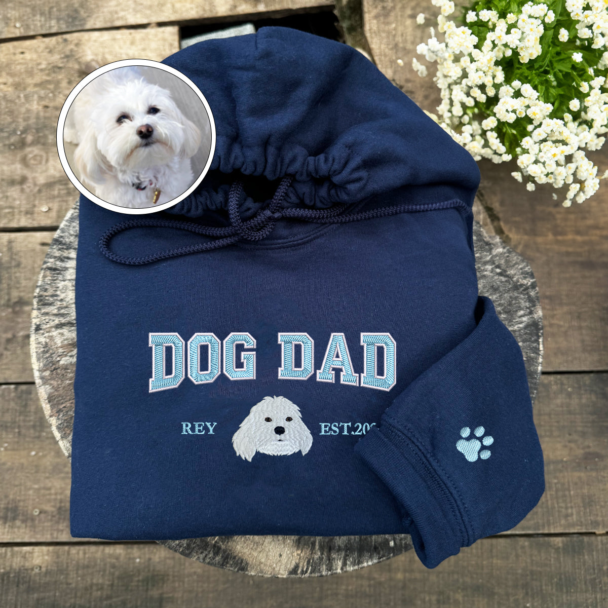 Custom Embroidered Dog Dad Varsity Sweatshirt, Hoodie from Photo with Pup Names on Sleeve