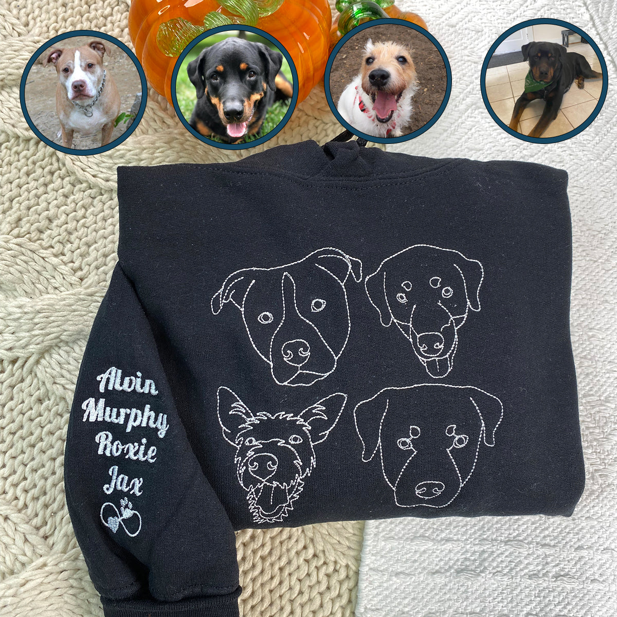 Custom Embroidered Dog Face Sweatshirt Hoodie from Your Photo with Dog Names on Sleeve