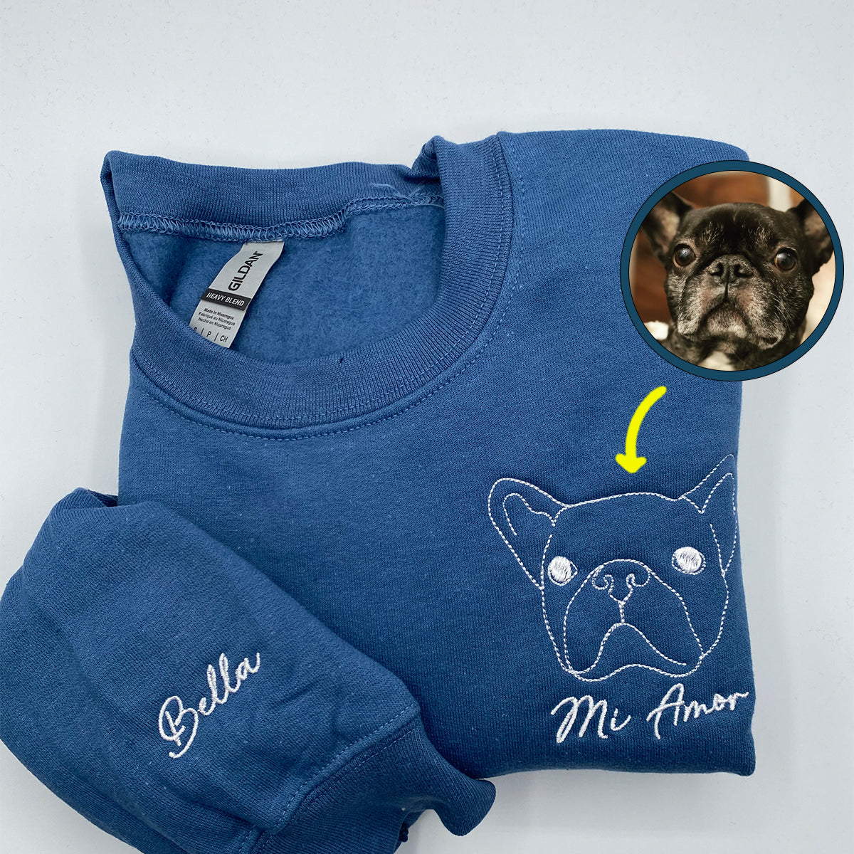 Custom Embroidered Dog Face Sweatshirt Hoodie from Your Photo with Dog Names on Sleeve