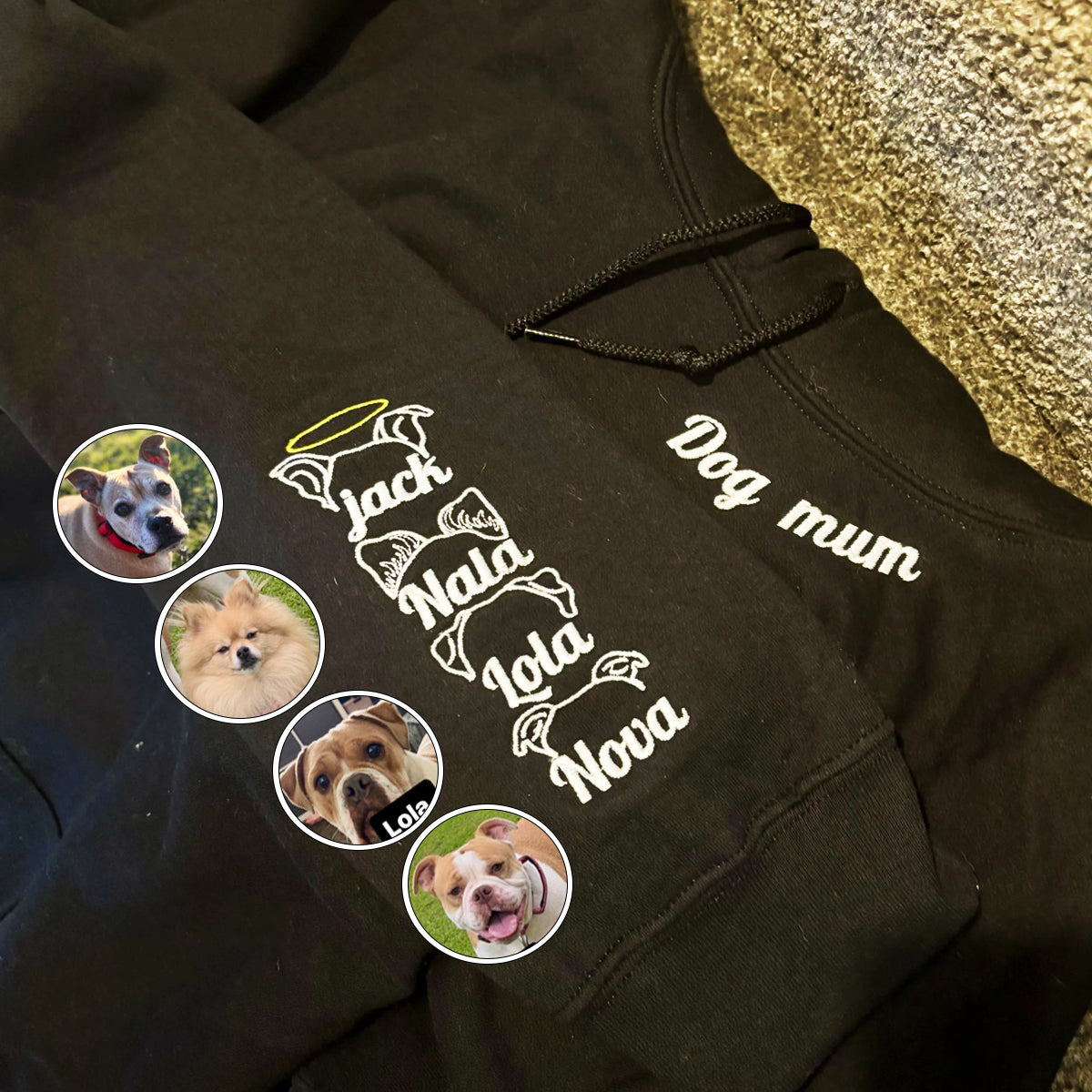 Custom Embroidered Dog Mom Sweatshirt Hoodie with Dog Ear and Name on Sleeve