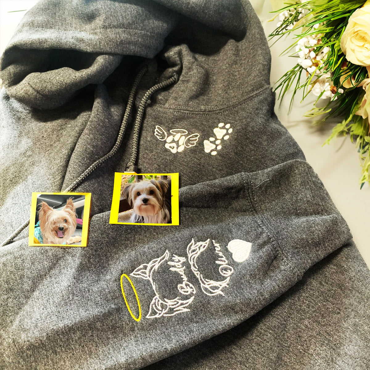 Custom Embroidered Dog Paw on Neckline Sweatshirt Hoodie with Dog Ear and Name on Sleeve