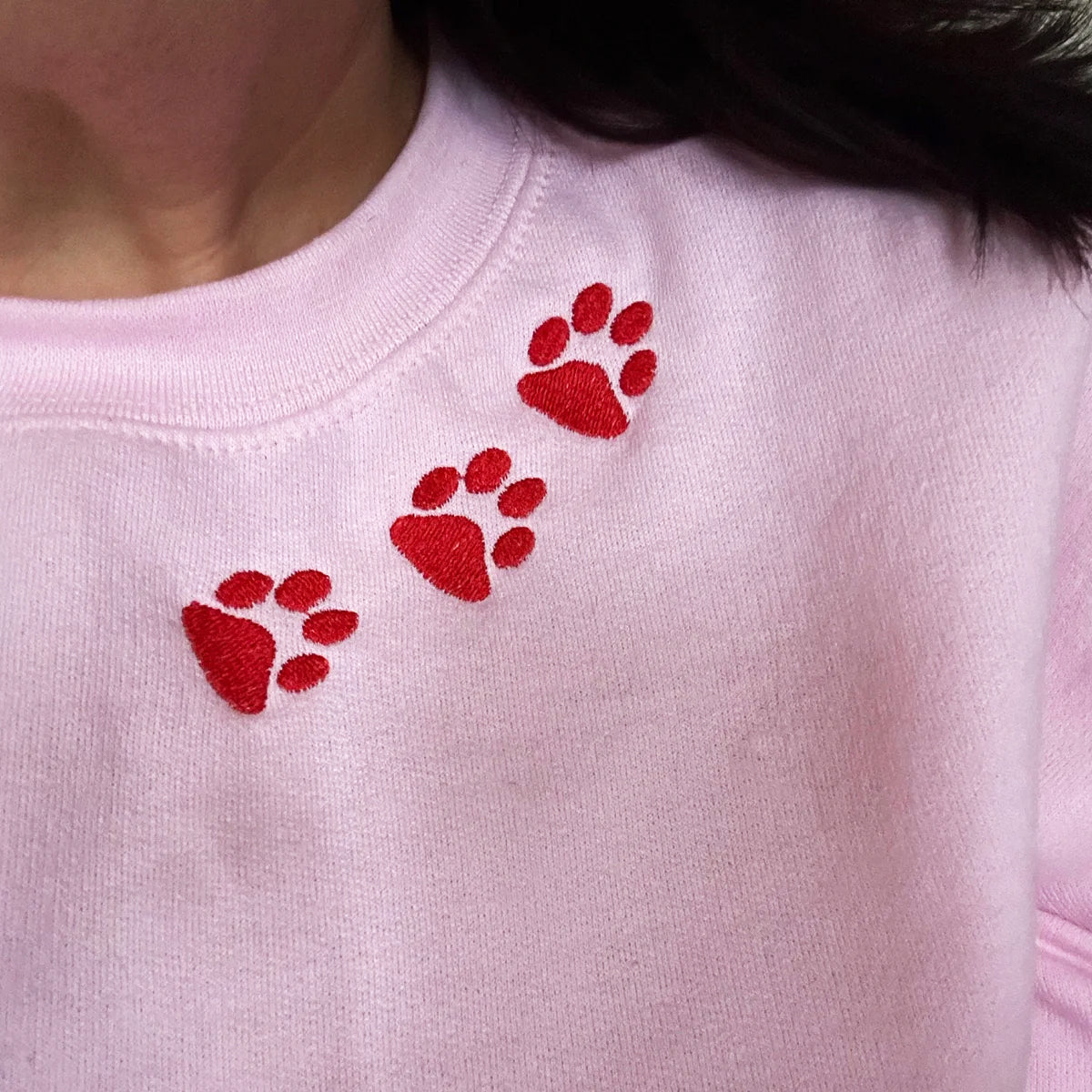 Custom Embroidered Dog Paw on Neckline Sweatshirt Hoodie with Dog Ear and Name on Sleeve