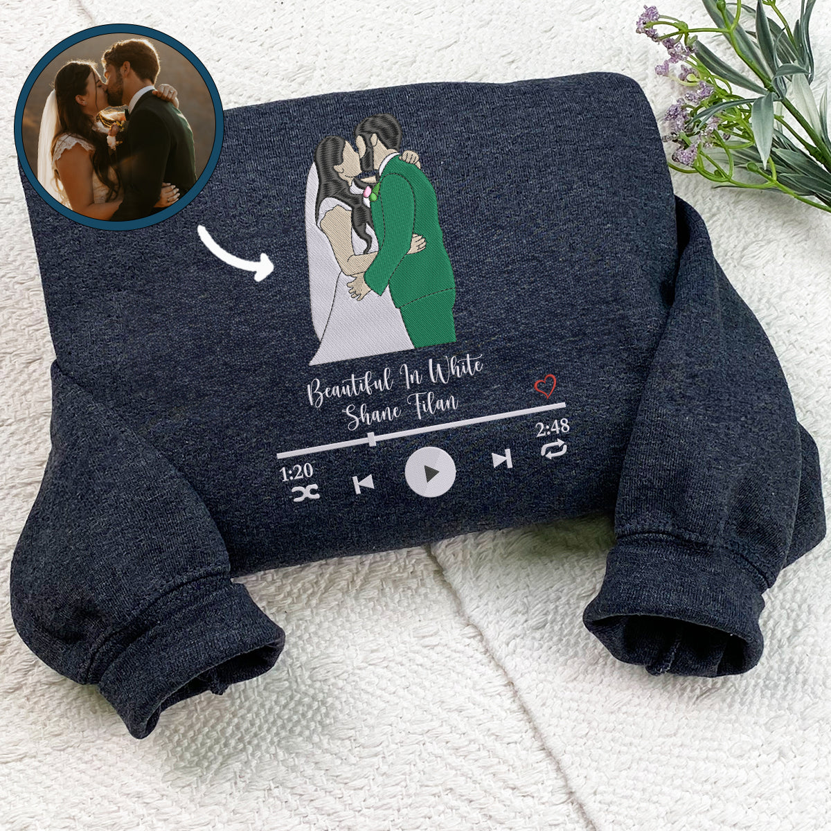 Custom Embroidered Favorite Song Sweatshirt Hoodie with Your Photo Portrait, Perfect Gift for Couples