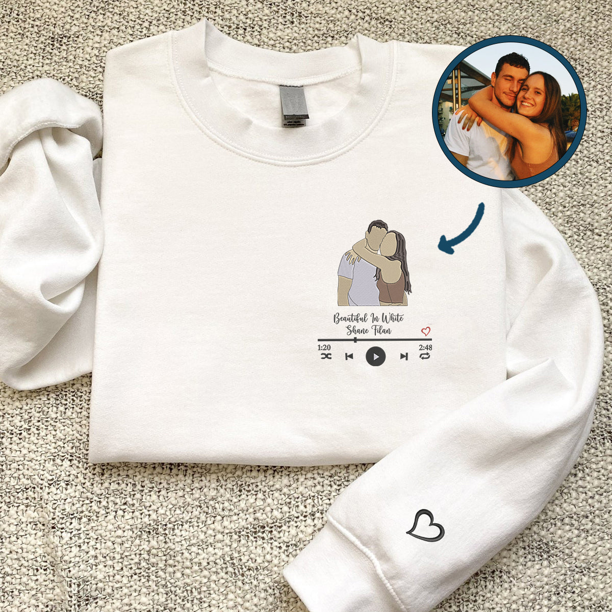 Custom Embroidered Favorite Song Sweatshirt Hoodie with Your Photo Portrait, Perfect Gift for Couples