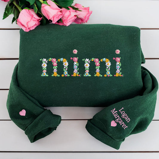 Custom Embroidered Floral Mimi Sweatshirt Hoodie with Names on The Sleeve