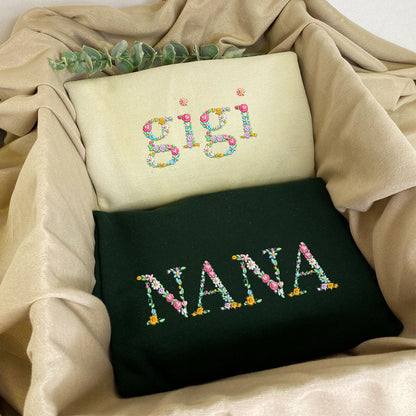 Custom Embroidered Floral Mimi Sweatshirt Hoodie with Names on The Sleeve