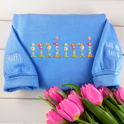 Custom Embroidered Floral Mimi Sweatshirt Hoodie with Names on The Sleeve