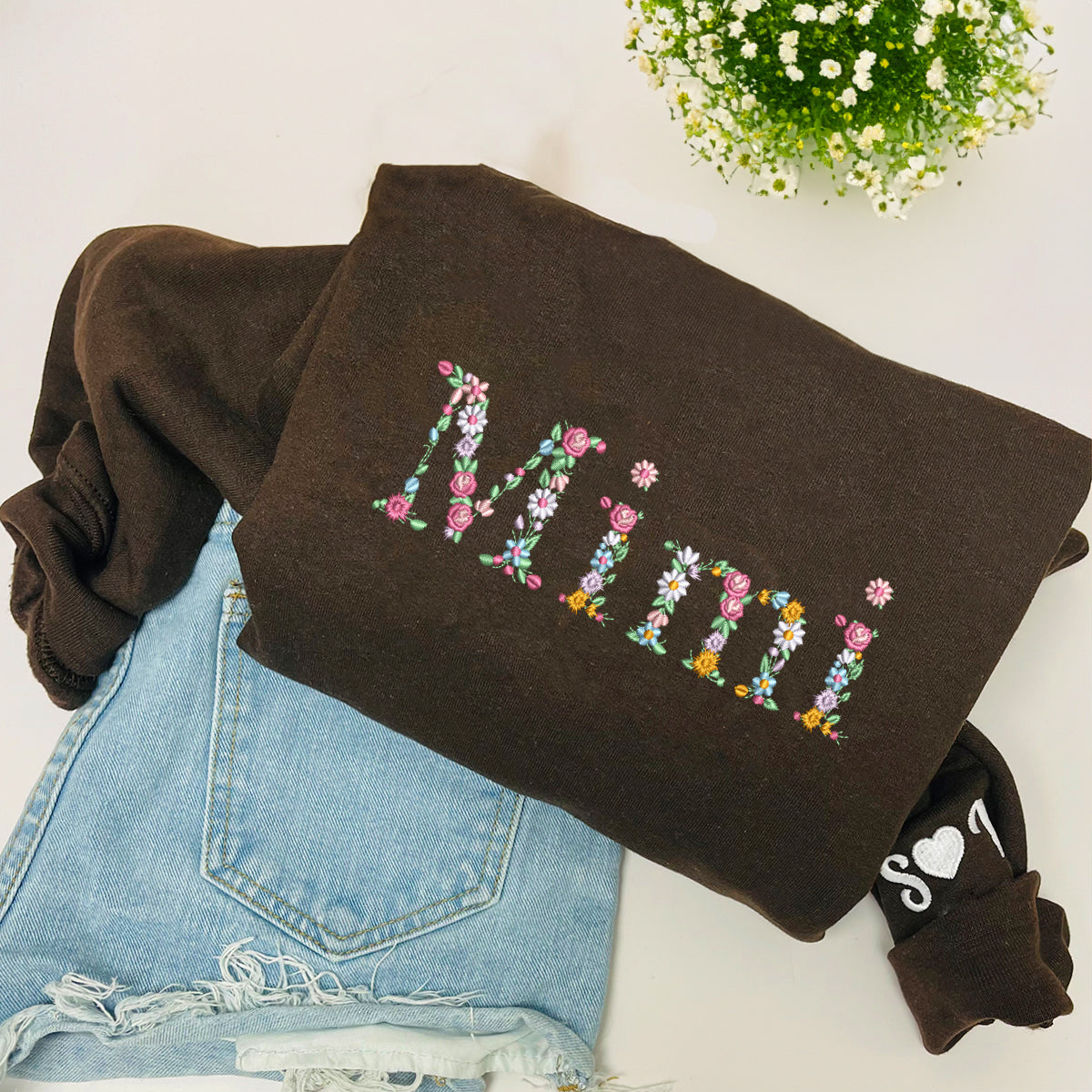 Custom Embroidered Floral Mimi Sweatshirt Hoodie with Names on The Sleeve