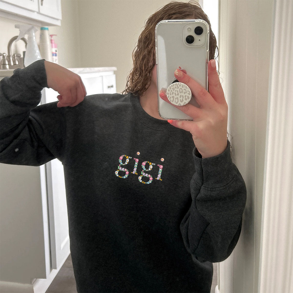 Custom Embroidered Floral Mimi Sweatshirt Hoodie with Names on The Sleeve