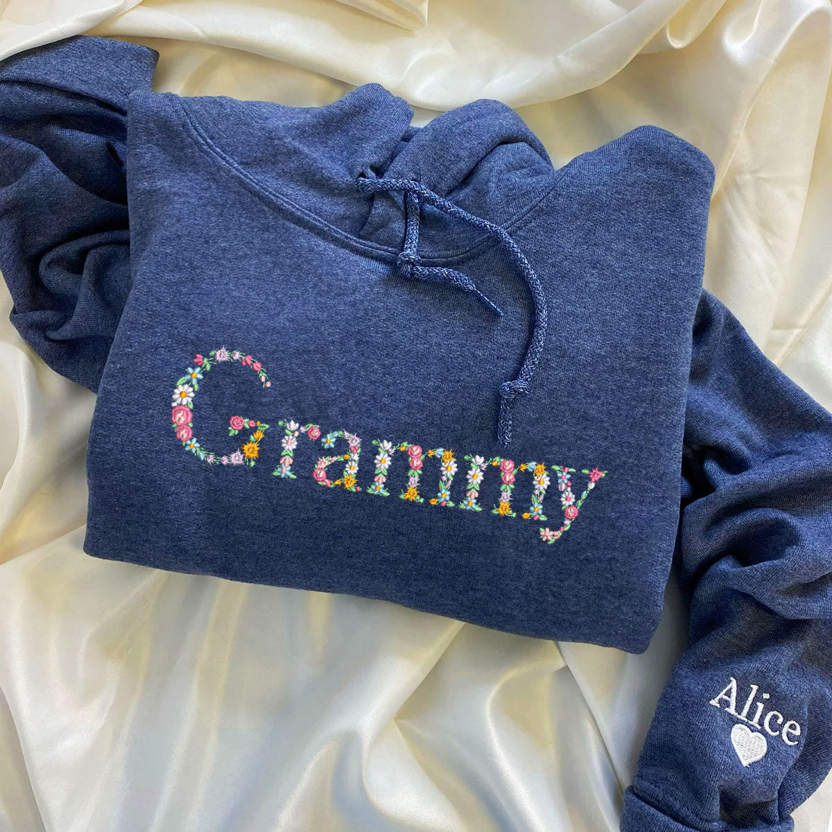 Custom Embroidered Floral Mimi Sweatshirt Hoodie with Names on The Sleeve